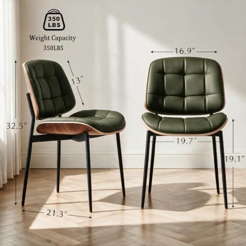 GrandNoor Mid Century Modern Dining Chairs with Walnut Grain Back, Green Faux Leather Dining Room Chairs Set of 2, Checkered Soft Cushion Kitchen Chairs with Adjustable Foot Pads