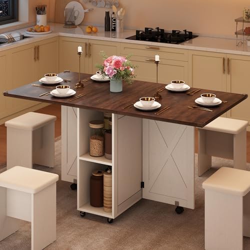 5 PCS Farmhouse Dining Table Set for 4,60" Large Folding Dining Table Set w/ 4 Leather Chairs, Drop Leaf Foldable Kitchen Table for Small Spaces,Barn Door Design,6 Wheels,2-Layer Storage Shelf,Brown