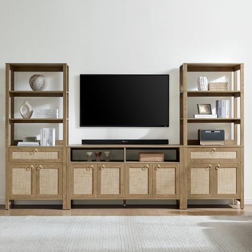 SICOTAS 68.5" Tall Boho Rattan Bookshelf with Single Drawer & Storage Doors