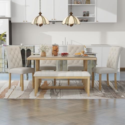Merax 6 Piece Solid Wood Dining Table Set with Bench, Wooden Rectangular Kitchen Table Set with 4 Upholstered Chairs & 1 Bench for 6, Dining Room & Kitchen, Natural Wood Wash