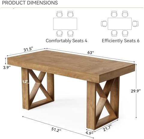 Little Tree 63-Inch Dining Table for 4-6 People, Farmhouse Thick Appearance Design, Rectangle Kitchen Dinner Table for Home, Rustic Yellowish Brown