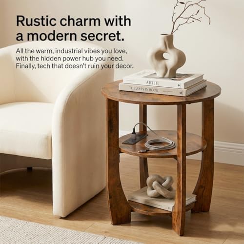 Round Side Table with Charging Station,19.7" D,Rustic Brown