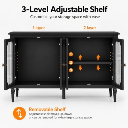 58" Sideboard Buffet Cabinet with Storage Adjustable Shelves, Black