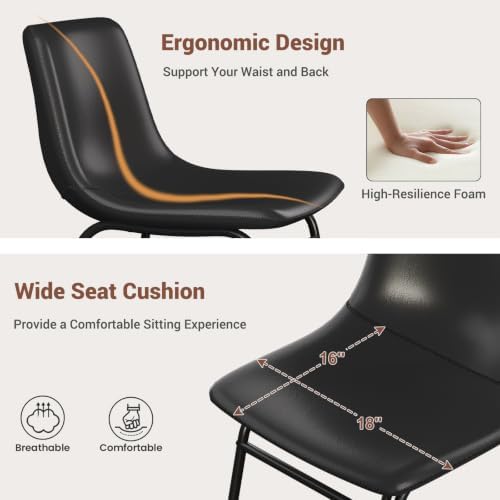 Dining Chairs Set of 2, 18in PU Leather Modern Kitchen Chairs, Black