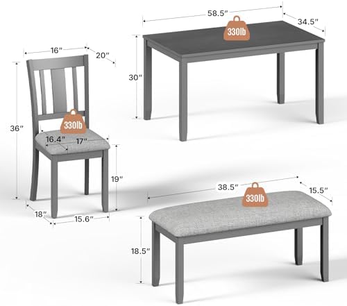 Zevemomo 6-Piece Solid Wood Dining Table Set, Dining Table Set for 6, Grey
