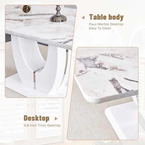 JUFU Modern Dining Set Table and 4 Chairs,White Faux Marble Dining Table Set for 4,Dining Room Table Set and 4 PU Leather Upholstered Dining Chairs,63'' Large Dinner Table Set