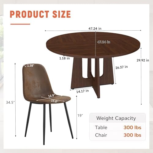47" Round Dining Table Set for 4, Walnut Wood Grain Table and 4 Chairs Set