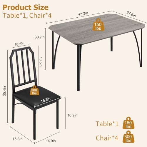 GAOMON 5-Piece Dining Table Set for 4, Modern Kitchen Table with Chamfered Design and Upholstered Chairs, Leather-Cushioned Seats for Small Spaces and Apartments, Space-Saving (Gray/Black,5 Pack)