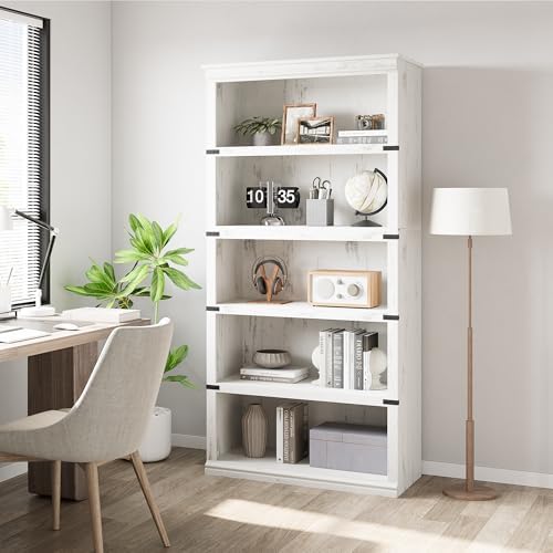 IDEALHOUSE 5 Tier Bookcase, Farmhouse Book Shelf with Storage, Tall Book Case Wooden 5 Shelf Bookcase for Home Office, Living Room, Bed Room (White, 67.4" H x 31.5" W x 12.8" D)