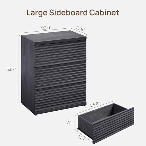 SICOTAS Black Fluted Sideboard Buffet Cabinet with 3 Large Drawers