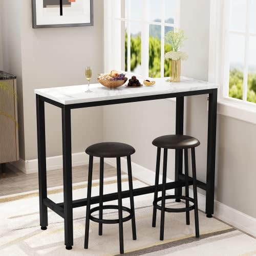 AWQM 47.2" Bar Table Set of 2,Faux Marble Pub Height Table and Chairs Set of 2 with Upholstered Stools,3 Piece Bar Table and Chairs Set Dining Table Set for Living Room,Kitchen,Bar,White & Brown