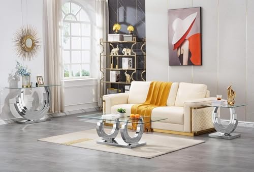 3 Piece Living Room Table Set, Rectangle Tempered Glass Coffee Table, End Tables, Console Table, Luxury Modern Clear Coffee Table Set of 3 with Silver Steel Base for Living Room, Apartment