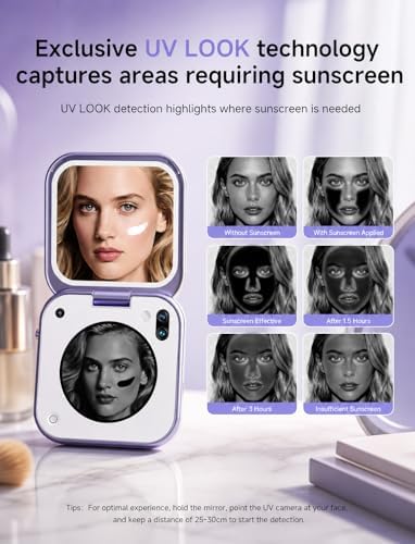 inewme UV Camera Makeup Mirror, LED Compact Mirror for Sunscreen Check