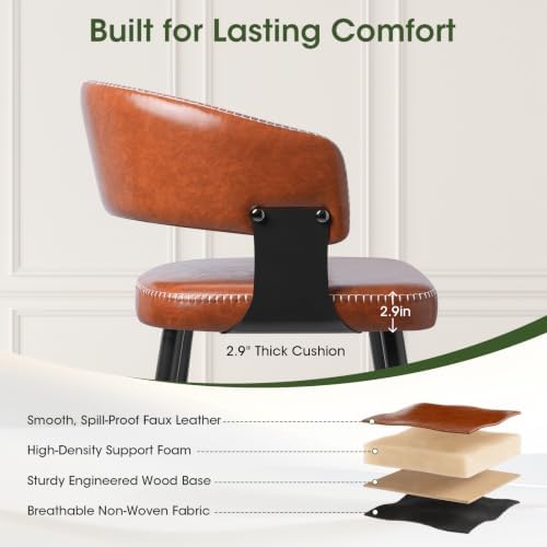 26" Counter Height Bar Chairs Set of 2, Padded Island Chairs, Brown