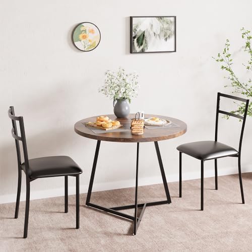 GAOMON Dining Table Set for 2, Kitchen Table and Chairs for 2 with Upholstered Chairs, 3 Piece Dining Room Table Set, Round Kitchen Table Set for Small Space, Apartment, Studio, Rustic Brown