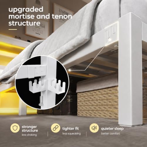 E-Motie Full Bed Frame, Storage Shelf and LED Lights Headboard, White