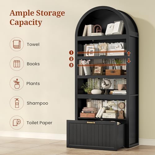 81" Tall Arched Cabinets,Bookcase with Drawer storage,Mid-Century Modern 5-Tier Bookshelf,2 Book Risers and Adjustable Shelves offering more storage space for Living Room,Kitchen,Home Office,Black