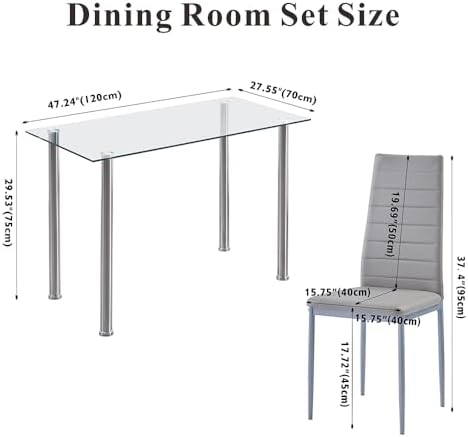 Dining Table Set for 4, 5 Piece Kitchen Table and Chairs for Dinette, Apartment, Compact Space-Saving w/Tempered Glass Tabletop and 4 Upholstered Chairs, Clear/Silver+Gray