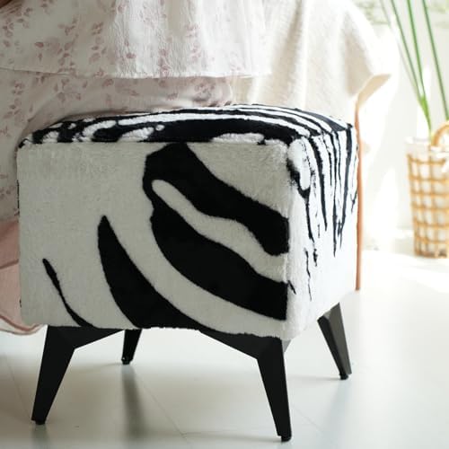 Zebra Print Velvet Ottoman, Plush Upholstered Footstool, Western Style | 16x16x17 Cube Stool, Solid Iron Legs & Wood Frame, Animal Print Ottoman, Western Decor for Living Room, Bedroom, Entryway
