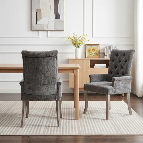 Farmhouse Upholstered Dining Chair with Arms & Nailhead Trim, Tufted Chen...