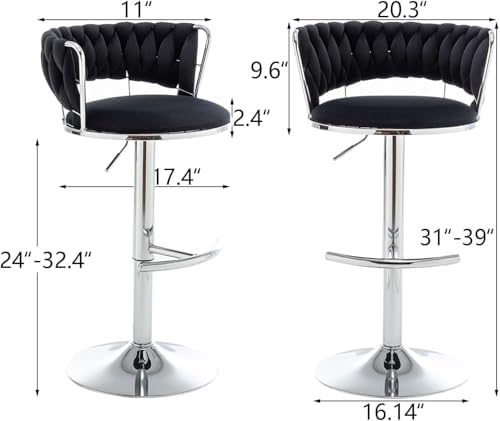 Canxkun Velvet Bar Stools Set of 4, Counter Height Bar Stools with Low Back, Modern Adjustable Height Barstools, Swivel Bar Chairs for Kitchen Island, Pub (Black)