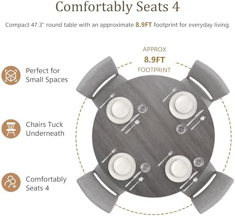 leovanni Round Dining Table Set for 4, Kitchen Table with 4 Upholstered Chairs, 5-Piece Wood Dining Table and Chairs Set for Kitchen, Patent Pending