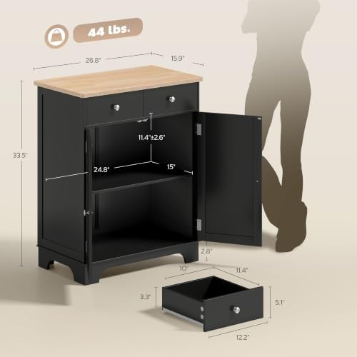HOMCOM Sideboard Buffet Cabinet Solid Wood Countertop Black