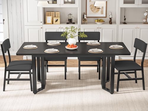 Itaar 5-Piece Dining Table Set for 4-6 People, 63" Extendable Kitchen Table and 4 Cushion Chairs, Dining Room Table with MDF Board & Metal Frame for Small Space, Easy Clean, Black
