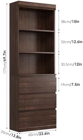 IDEALHOUSE 70" Tall Bookcase with Drawers, Open Book Shelves Library Bookcase with 3 Storage Cabinet, Wood Freestanding Book Shelf Book Shelf Display Bookcase for Home Office, Living Room (Brown)