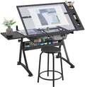 Yaheetech Adjustable Drafting Table & Stool, Tilting Glass Art Desk, Black