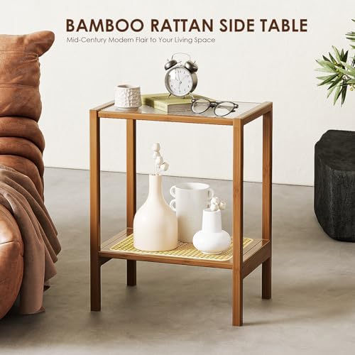 Bamworld Rattan Side Table Boho End Table 2-Tier with Storage Living Room