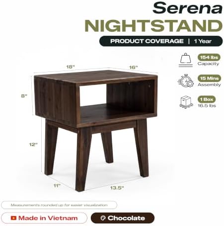 Acacia Serena Nightstand Solid Wood Nightstand with Open Storage Shelf, Wood Bedside Table, Night Stands for Bedroom - Chocolate