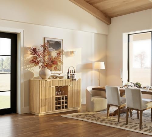 win2win 59" Fluted Sideboard, Wine Bar Cabinet with Faux Marble Top, Oak