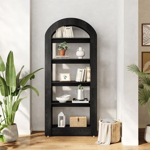 LITTLE TREE 5-Tier Bookshelf, Arch-Shaped Racks, Tall Standing Wooden Bookcase Display Shelf Modern Storage Solution (2, Black)