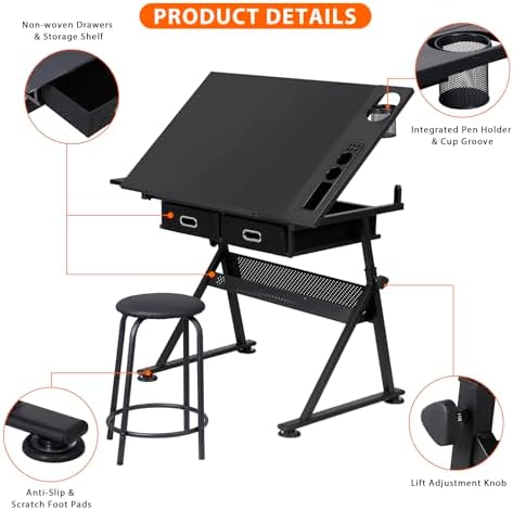Nova Microdermabrasion Height Adjustable Drafting Table - Art/Craft Desk with Stool and 2 Slide Drawers for Reading, Writing, Crafting, Painting