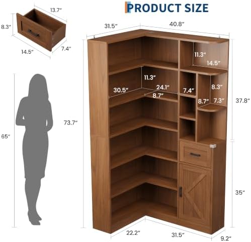 Garvee 74'' Tall Corner Bookshelf- 6-Tier Book Shelf with Drawer & Cabinet