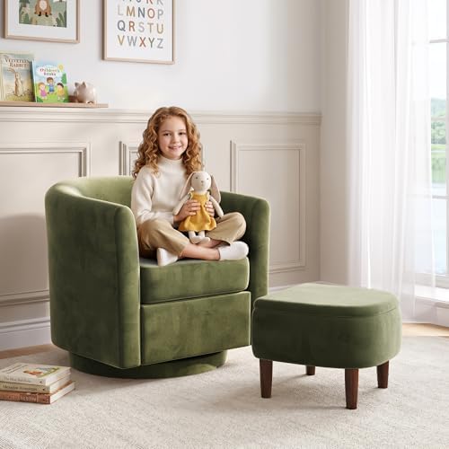 360° Swivel Accent Chair with Storage Ottoman | Small Modern Velvet Barrel Chair, Upholstered Armchair with Footrest for Living Room/Reading/Bedroom, Green