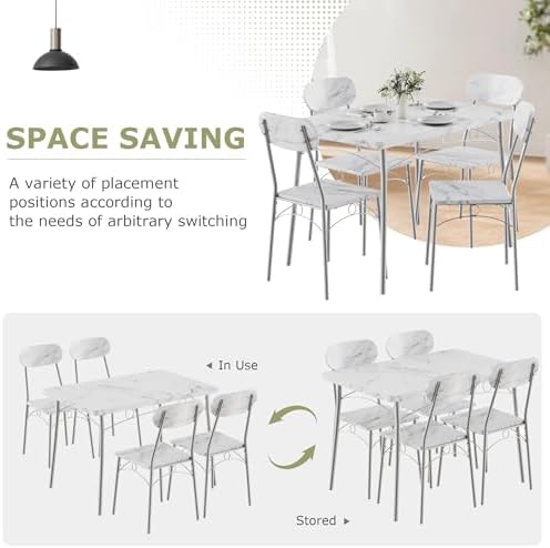 VECELO Dining Table Set for 4, 5-Piece Kitchen Table with 4 Chairs, MDF Board Tabletop with Metal Frame for Small Space, Compact Dinette, Breakfast Nook, Marble White