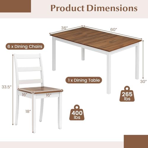 Giantex 7-Piece Dining Table Set for 6, Rectangular 60-inches Kitchen Table and 6 Dining Chairs with Rubber Wood Legs, Protective Foot Pads, Farmhouse Dinette Set for Dining Room, Restaurant (Brown)
