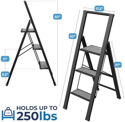 Step Ladder 3 Step Folding, Decorative - Beautiful Gray Wood & Black Aluminum, Ultra Slim Profile, Anti Slip Steps, Sturdy-Portable for Home, Office, Kitchen, Photography Use,by SORFEY