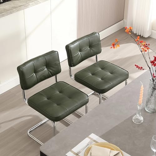 Zesthouse Faux Leather Dining Chairs Set of 4, Industrial Metal Chairs with Stainless Chrome Legs, Mid Century Modern Cesca Chair for Kitchen & Dining Living Room, Upholstered Armless Chair, Green