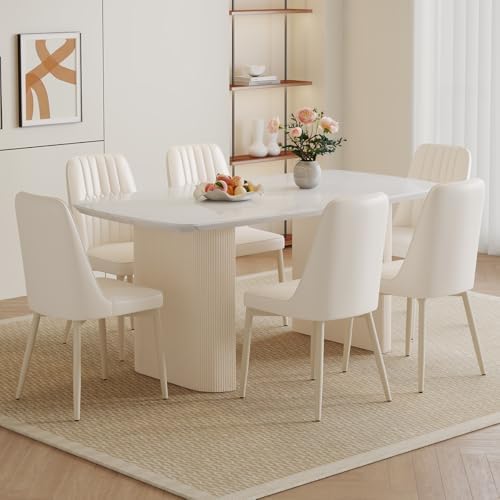 Ebullient 67'' Modern Dining Table Set for 6, White Kitchen Table Chairs Set with Sleek Ripple Pedestal Base, Dining Table Set with 6 Metal Leg Chairs, Ideal for Dining Room, Living Room, Saving Space