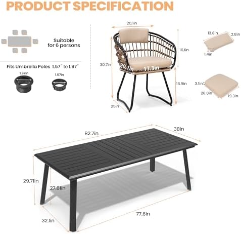 Pellebant 7 Piece Outdoor Dining Set for 6, Aluminum Table & Wicker Chairs