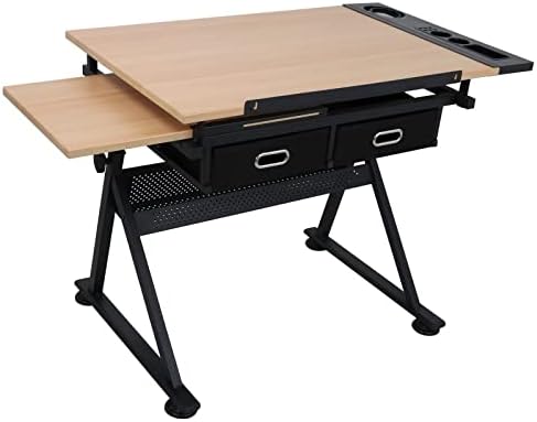JupiterForce Drafting Table Art Desk with 2 Storage Drawers, Height Adjustable Drawing Table for Painters, Working, Writing, Home Office, Natural