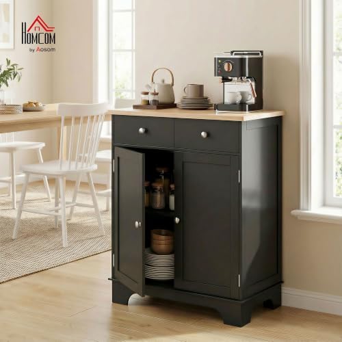 HOMCOM Sideboard Buffet Cabinet Solid Wood Countertop Black