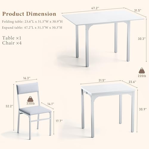 HUAHUU Dining Table Set for 4, Extendable Kitchen Table Cushion Chairs Set of 4, Rectangle Dining Table with Metal Frame & MDF Board, Folding for Small Apartment Saving Space, White
