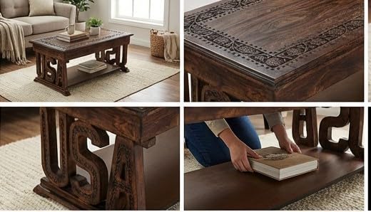 Coffee Table in Solid Wood With Hand Carving 40x20x18"_Burnt Rectangular