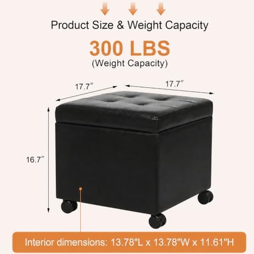 Adeco 17" Storage Ottoman Modern Tufted Faux Leather with Wheels, Black