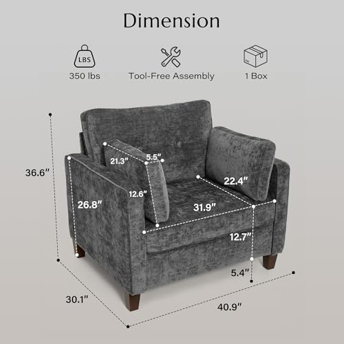 Luxury Oversized Accent Reading Chair for Living Room, 41", Chenille, Gray