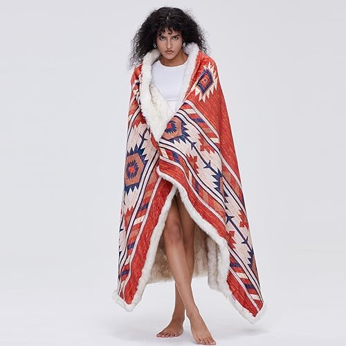 Luxury Plush Faux Fur Throw Blanket with Aztec Pattern, Super Warm, Fuzzy, El...